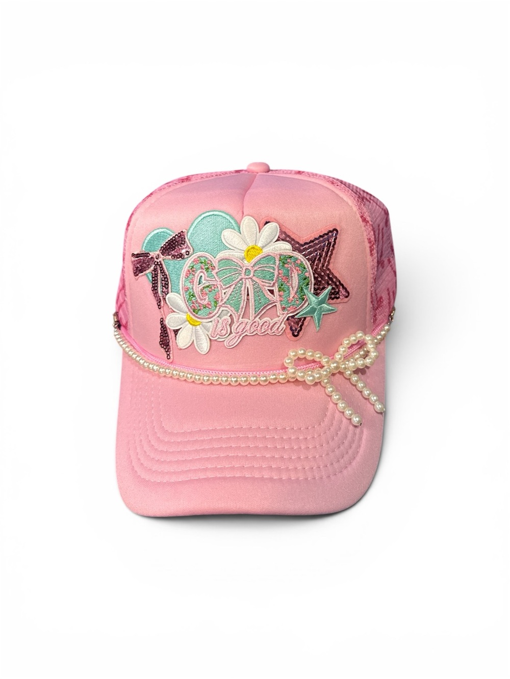 Pink Embellished Daisy Trucker Hat with Pearl Bow